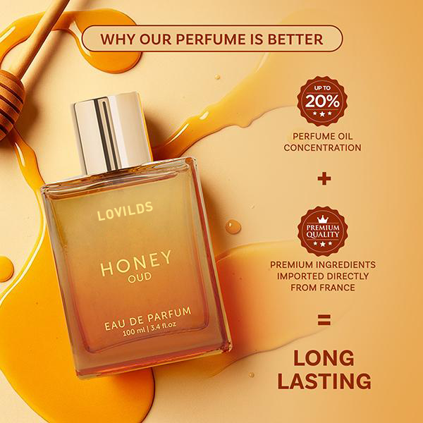 LOVILDS's Honey Oud | Eau de Parfum 100ml (3.4 fl oz) | Patchouli, Vanilla, Bergamot | Floral & Spicy | Made with Clean & Vegan Essentials Oils | Cruelty Free Fragrance Perfume
